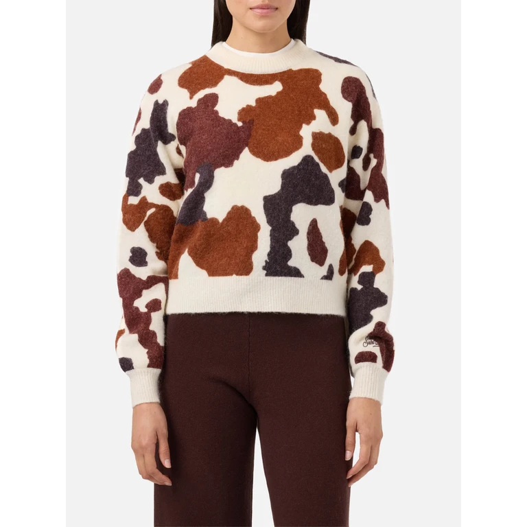 Mc2 Saint Barth Danya Stretch Merino-Wool And Alpaca-Blend Sweater With Cow-Print Beige - Women