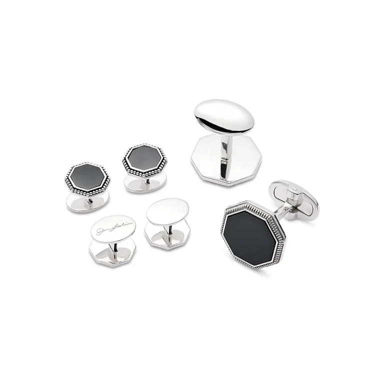 Octagon Gemstone with Antique Border Cufflinks and Sterling Silver Stud Set
