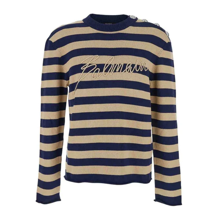 Balmain Blue Crewneck Sweater With Logo Lettering On The Front And All-over Striped Motif In Wool Woman