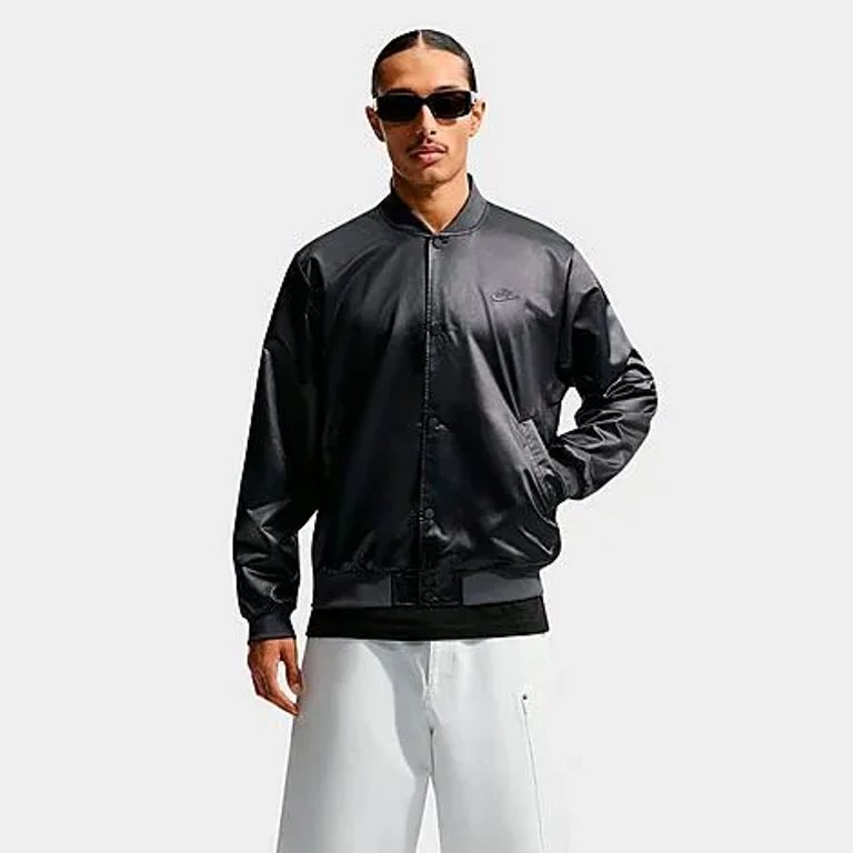 Nike Men's Sportswear Club Satin Varsity Jacket in Black/Anthracite Size: XS