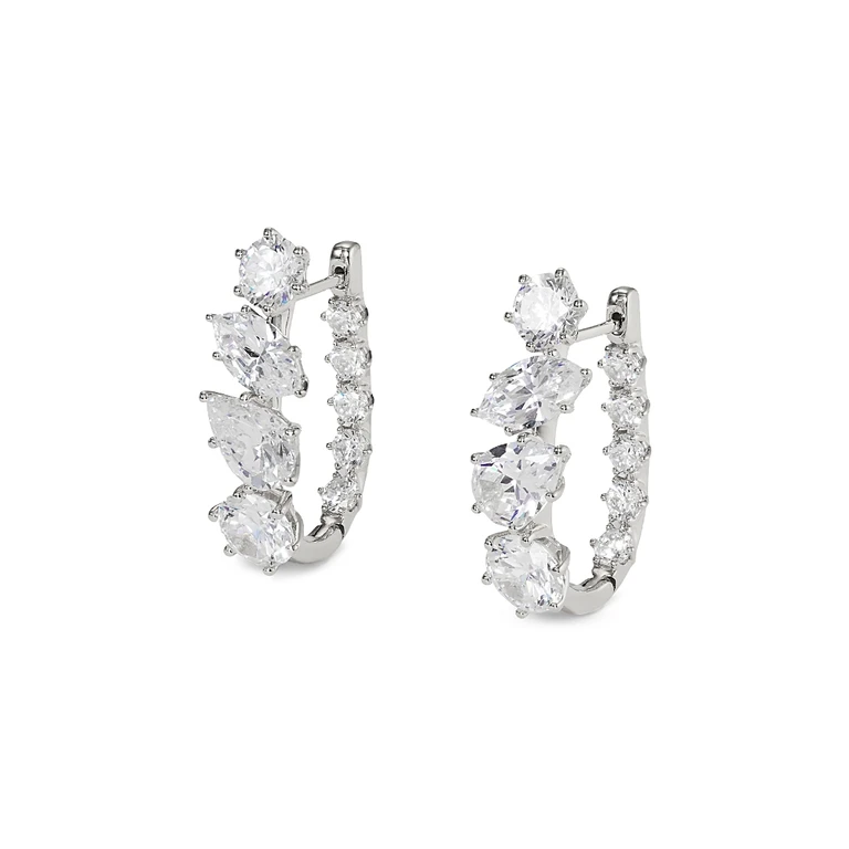 Nadri Btrx Mixed Cubic Zirconia Oval Hoop Earrings in Rhodium Plated