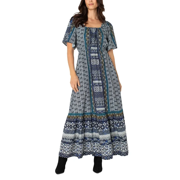 Liverpool Los Angeles Printed Square Neck Elbow Sleeve Maxi Dress