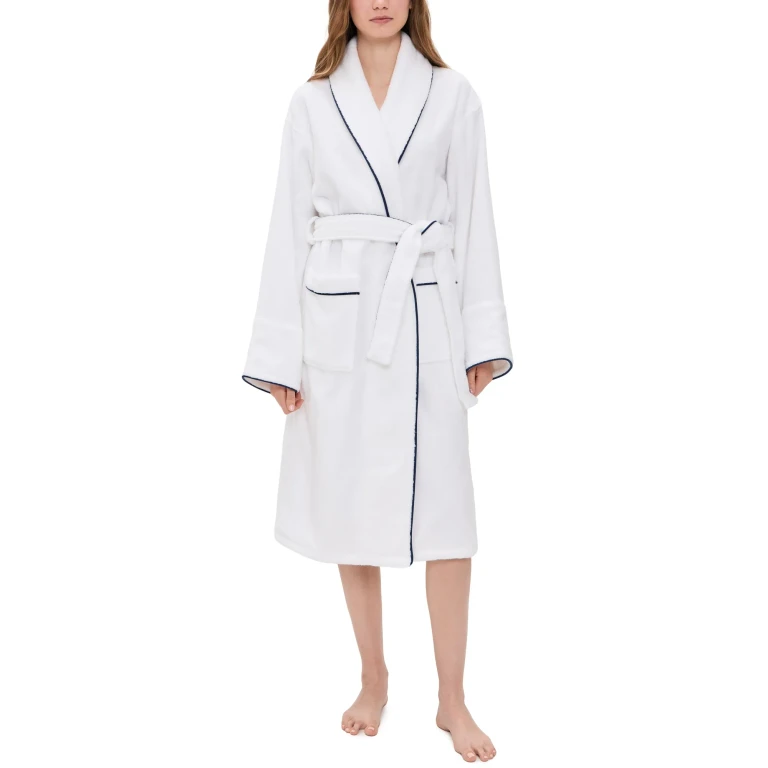 Petite Plume Unisex Luxe Terry Robe in White with Navy Piping White L/XL