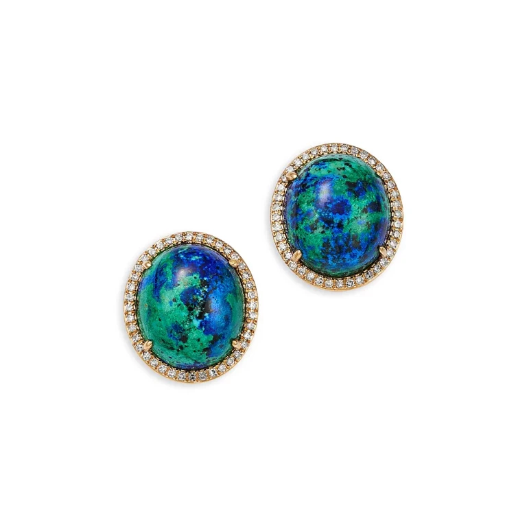 Azurite Malachite & Diamond Halo Stud Earrings in 14K Yellow Gold