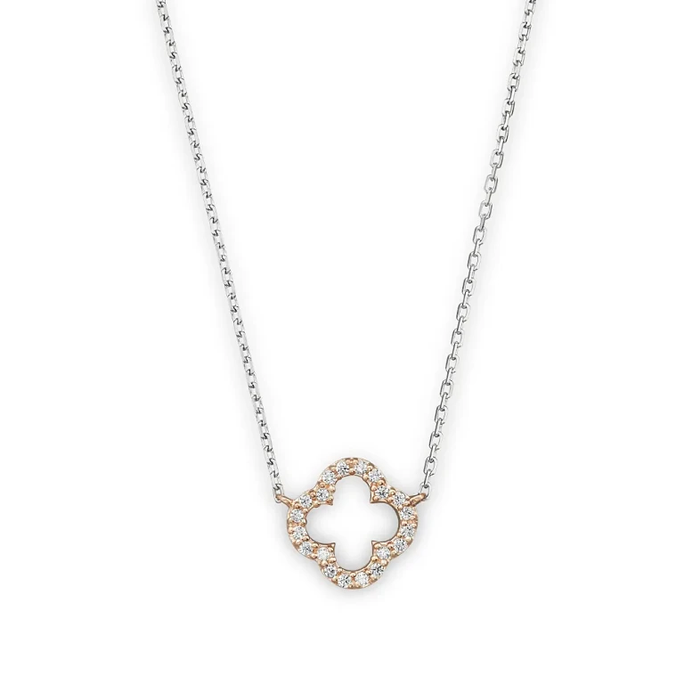 Diamond Clover Pendant Necklace in 14K Rose and White Gold, .10 tcw