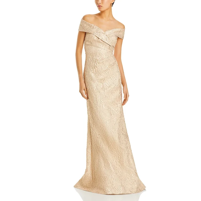 Teri Jon by Rickie Freeman Metallic Jacquard Off-the-Shoulder Gown