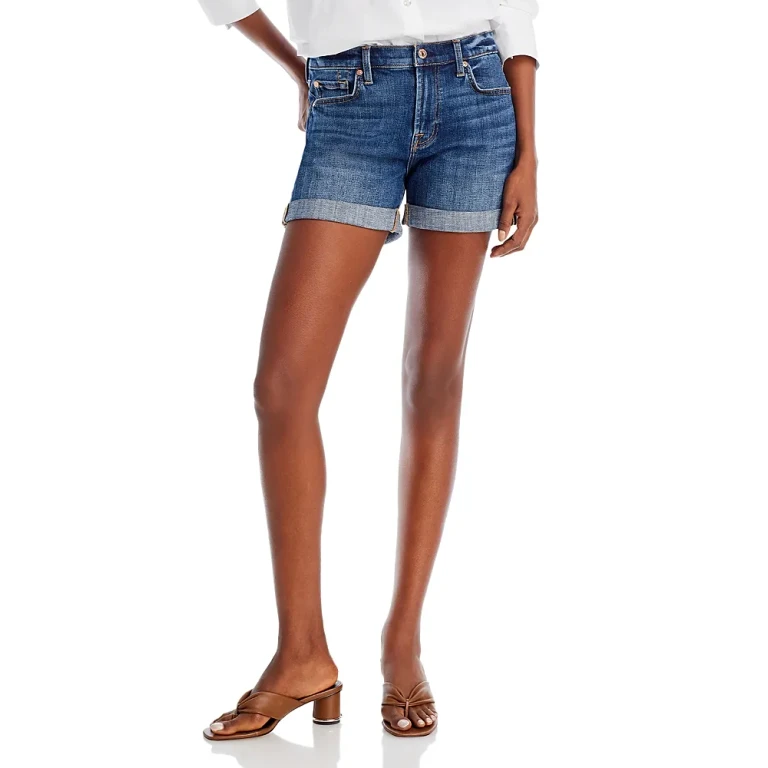 7 For All Mankind Cotton Blend Mid Rise Rolled Cuff Shorts in Broken Twill