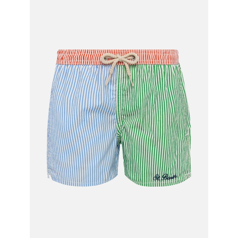 Mc2 Saint Barth Patmos Jr Seersucker Striped Mid-Length Swim Shorts Blue Swimshort