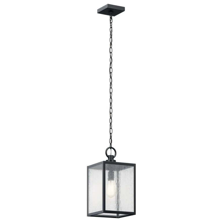 Black Textured One Light Outdoor Pendant Semi Flush from the Lahden Collection