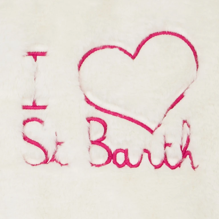 Mc2 Saint Barth Girl Furry White Jacket With I Love St. Barth Embroidery Coat