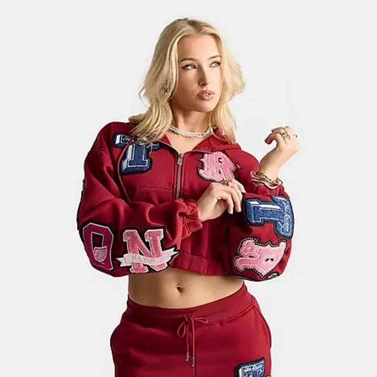 True Religion Women's Crystal Patch Girlfriend Cropped Full-Zip Hoodie in Red Dahlia Size: XS