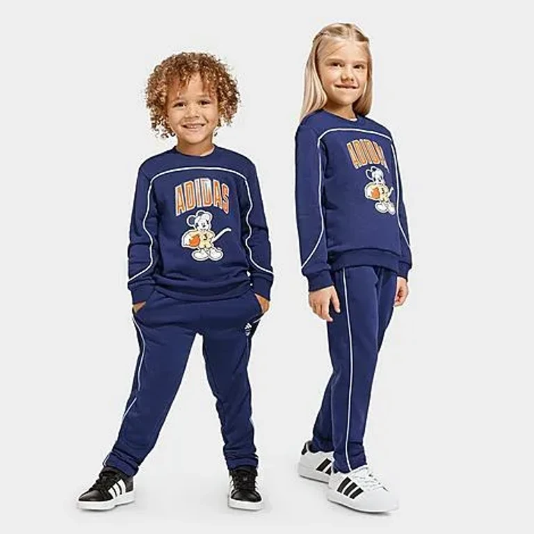 adidas Kids Toddler and Little Kids x Disney Mickey Mouse Sweatshirt and Jogger Pants Set in Dark Blue/Pure Orange/Off White Size: XXS