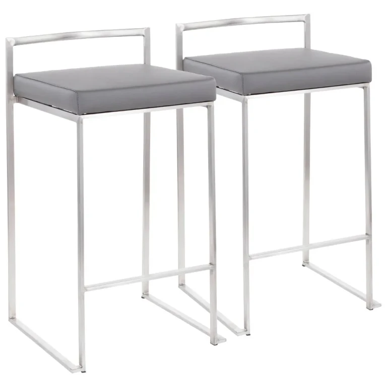 Fuji Low Back Stainless & Black Faux Leather Counter Stools, Set of 2