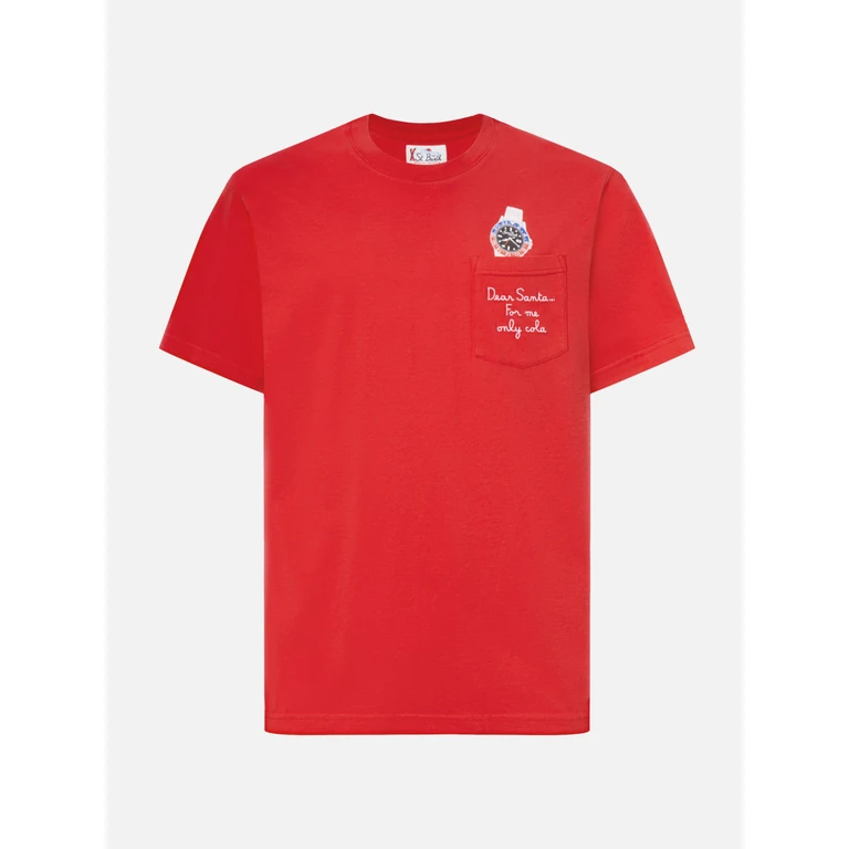 Mc2 Saint Barth Connor Winter Cotton T-Shirt Red With Dear Santa Pocket Embroidery - Men