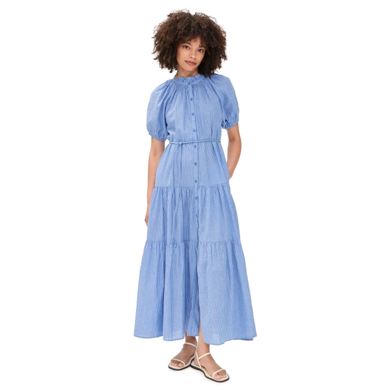 Apiece Apart Mazza Maxi Dress Microstripe Blue & Cream L