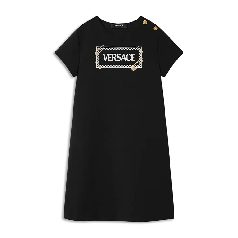 Versace Girls' Punto Milano Jersey & 90s Logo Pinned Print Dress - Big Kid