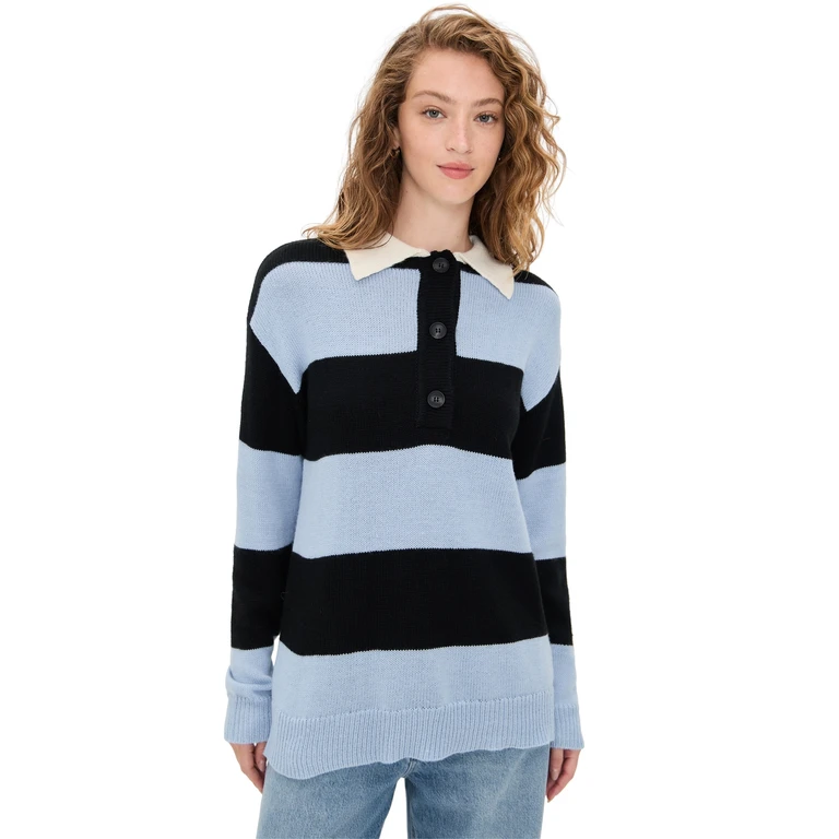 Moon River Striped Collar Pullover Sweater Light Blue Multi L