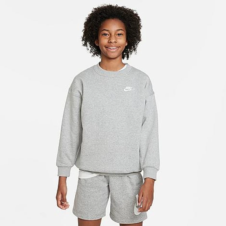 Nike Girls' Big Kids Sportswear Club Fleece Oversized Sweatshirt in Dark Grey Heather/White Size: XS