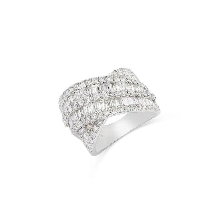 Diamond Baguette & Round Crossover Statement Ring in 14K White Gold, 2.80 tcw