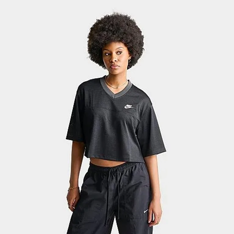 Nike Women's Sportswear Oversized Heritage Cropped Mesh Jersey in Black/Anthracite/Sail Size: XS