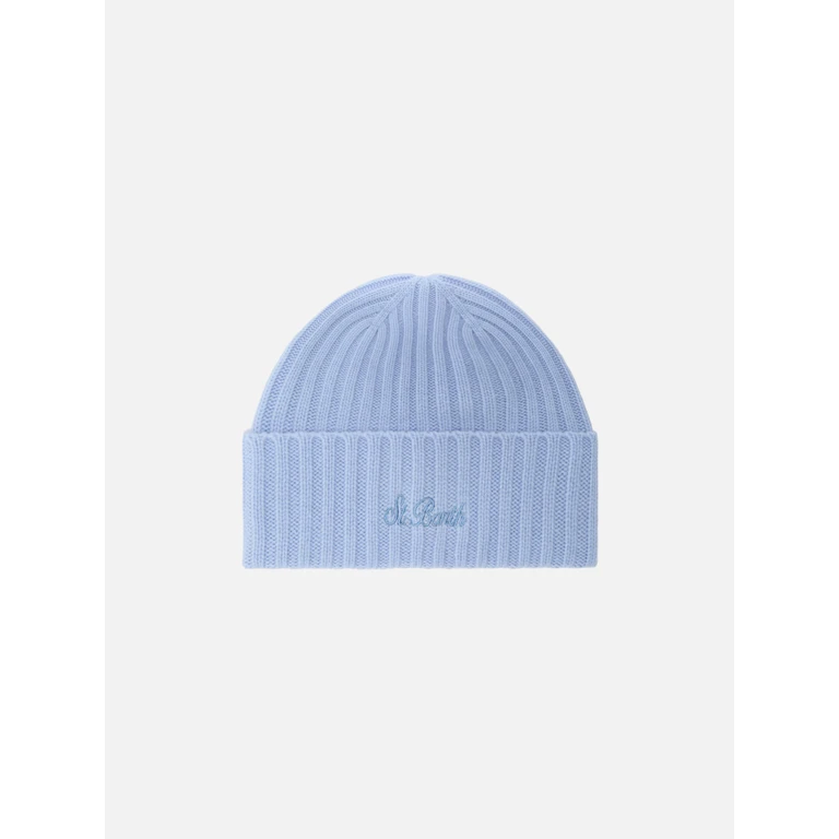 Mc2 Saint Barth Wengen Beanie Light Blue Cashmere With St. Barth Embroidery On The Turn-Up Hat - Unisex