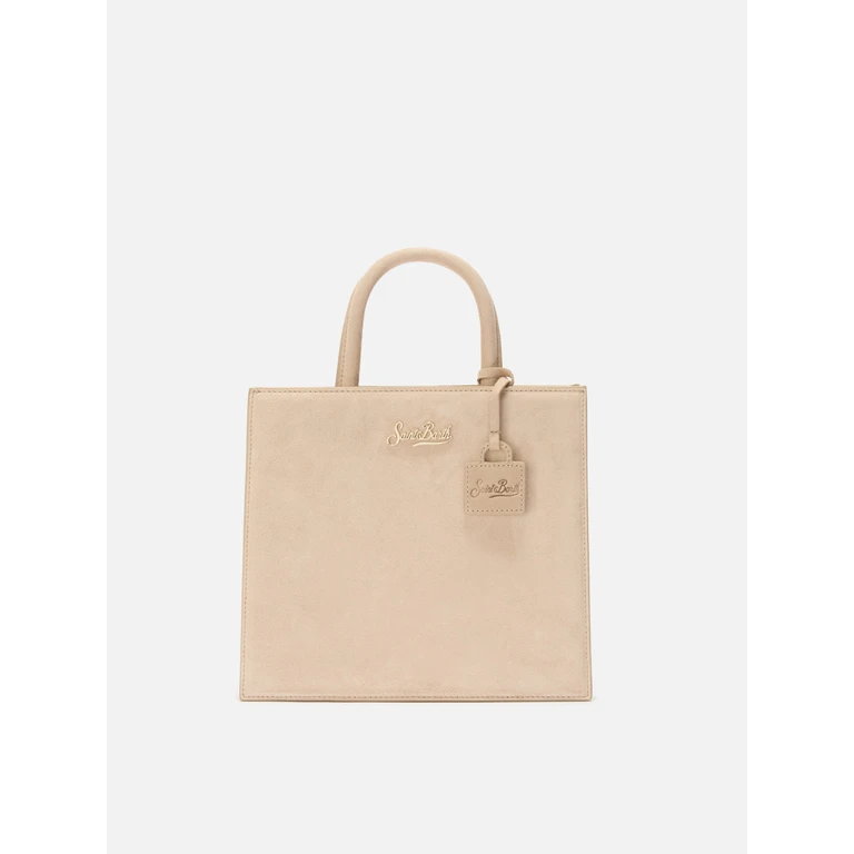 Mc2 Saint Barth Shop Bag Midi Handbag Beige Suede Leather White - Unisex