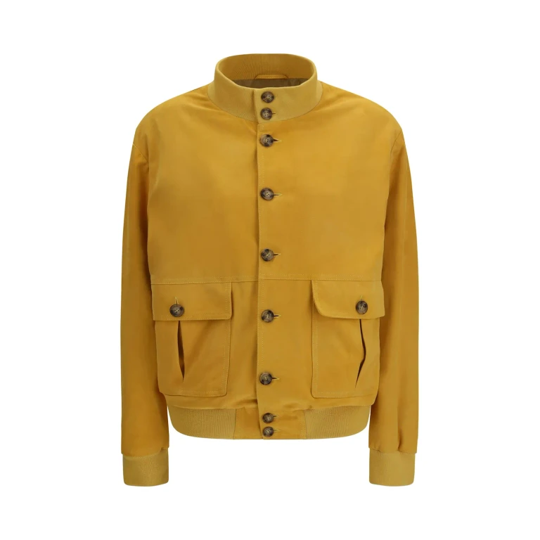 Suede Leather Bomber Jacket with High Collar and Button Closure (447AF003V0041)