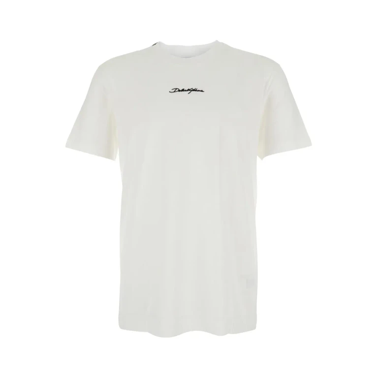 Dolce & Gabbana White Crewneck T-shirt With Signature Logo In Cotton Man