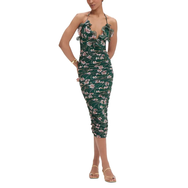 PatBO Botanic Ruffle Neck Ruched Midi Dress