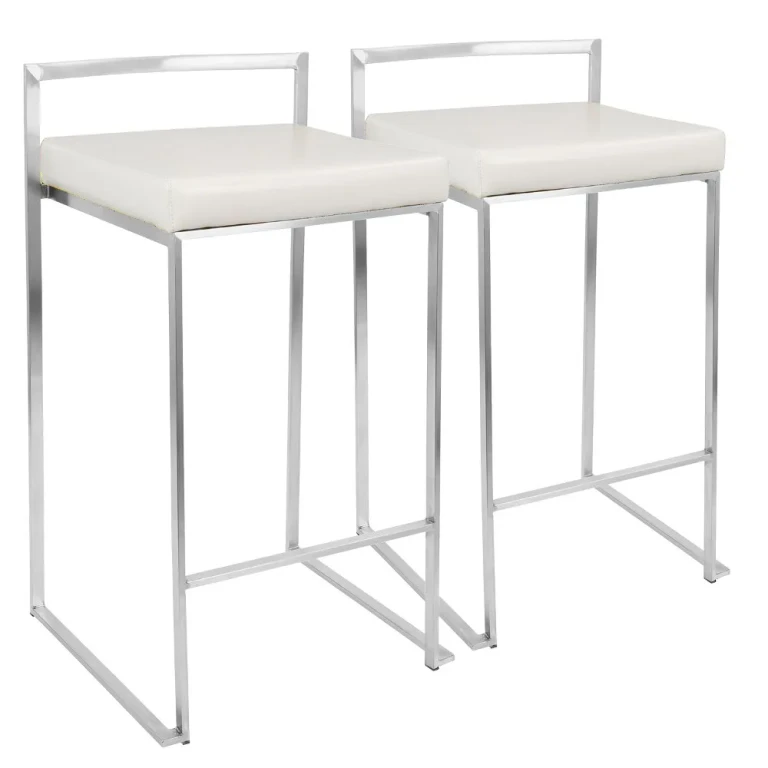 Fuji Low Back Stainless & White Faux Leather Counter Stools, Set of 2