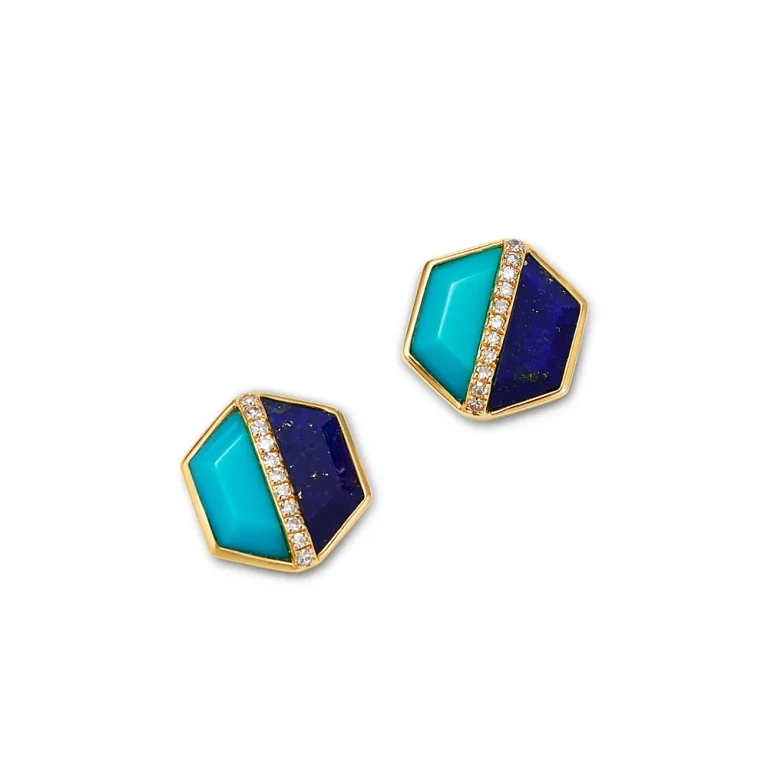 Lapis Lazuli, Turquoise & Diamond Stud Earrings in 14K Yellow Gold