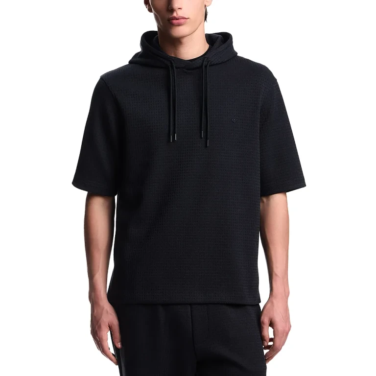 Emporio Armani Short Sleeved Hooded Woven Effect Jacquard Sweatshirt