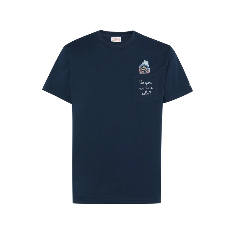 Mc2 Saint Barth Cotton T-Shirt Austin With Embroidery And Watch Print Blue - Men