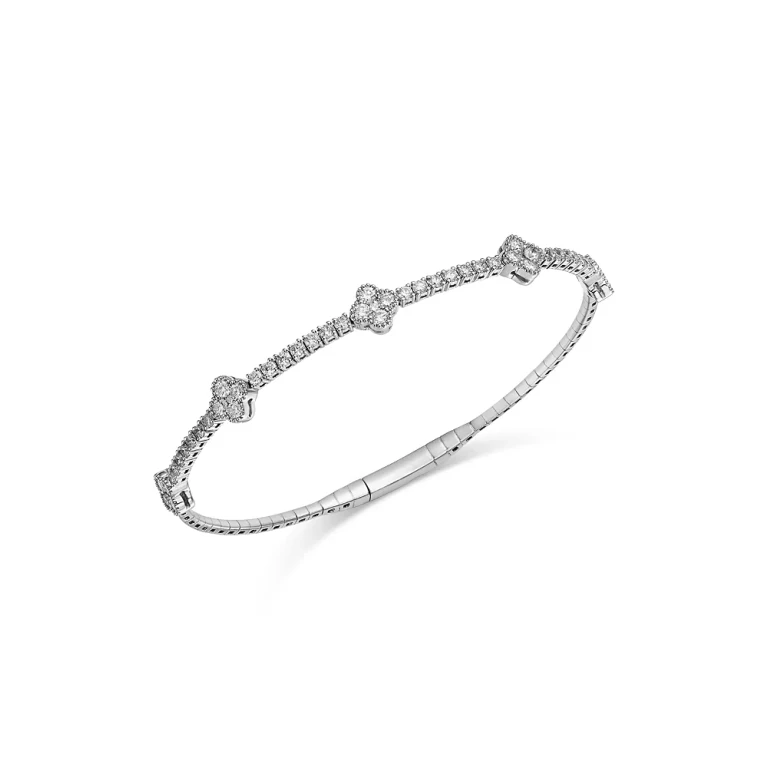 Diamond Clover Flexible Bangle Bracelet in 14K White Gold, 1.58 tcw