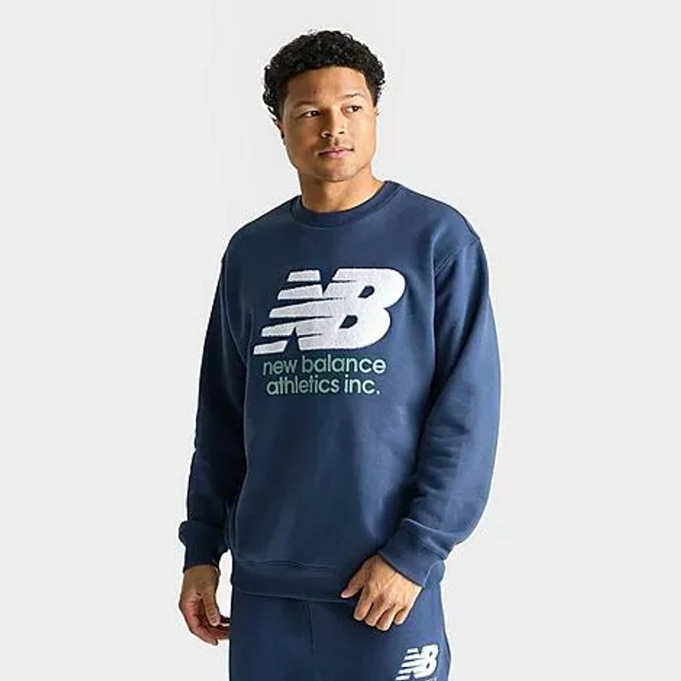 New Balance Men's Athletics Chenille Fleece Crewneck Sweatshirt in NB Blue/Teal/White Size: Small
