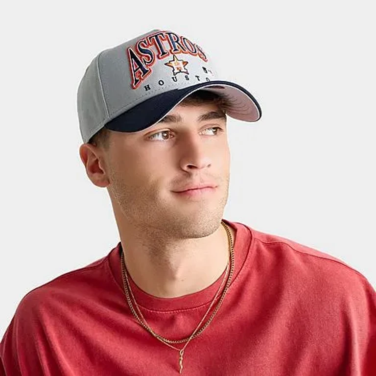 New Era Houston Astros MLB 9FORTY Embroidery Wordmark A-Frame Snapback Hat in Grey/Navy