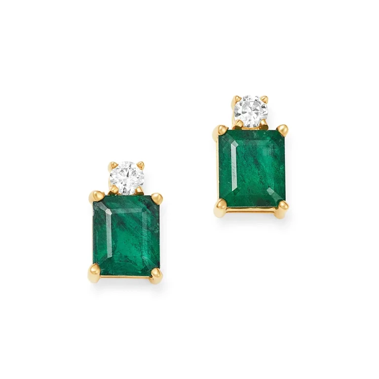 Emerald & Diamond Stud Earrings in 14K Yellow Gold