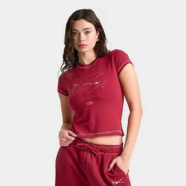 Nike Women's Sportswear Chill Knit Mod Crop T-Shirt in Team Crimson/Peony Size: XS