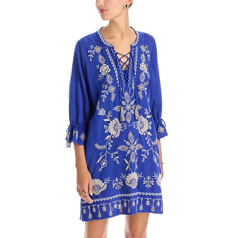 Johnny Was Tie Front Kimono Sleeve Embroidered Dress