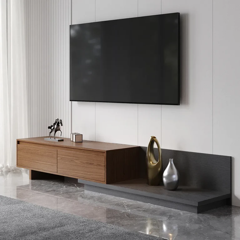 Fero Minimalist Retracted & Extendable 3 Drawers TV Stand in Walnut & Gray Up to 120"