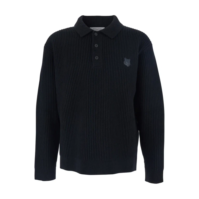 Maison Kitsuné Black Ribbed Sweater With Front Logo Patch In Cotton Man