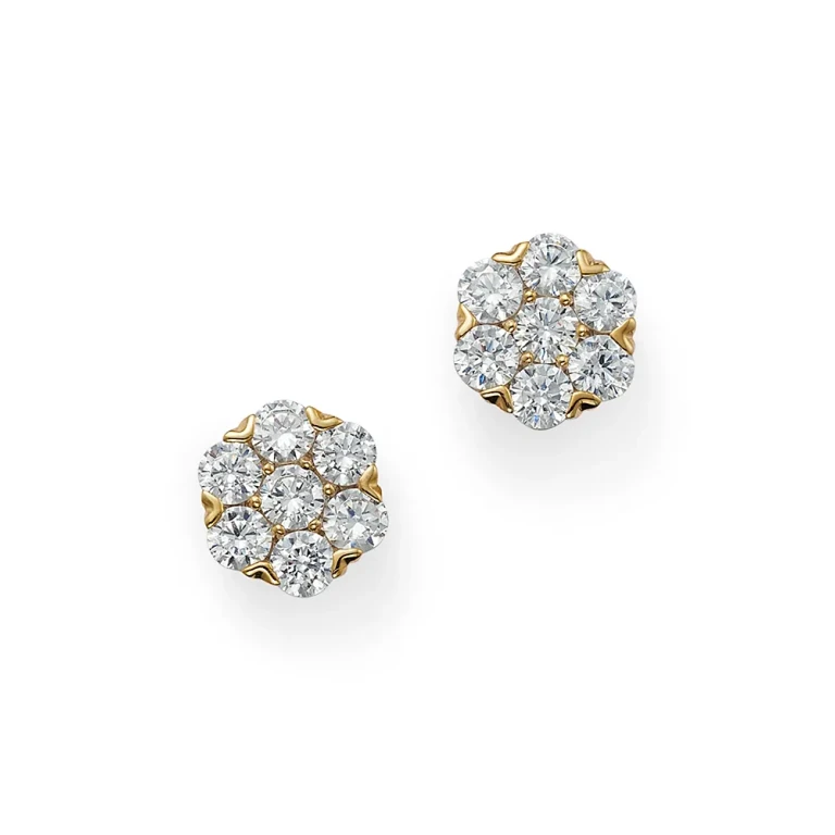 Round Cut Diamond Cluster Stud Earrings in 14K Yellow Gold, 1.0 tcw
