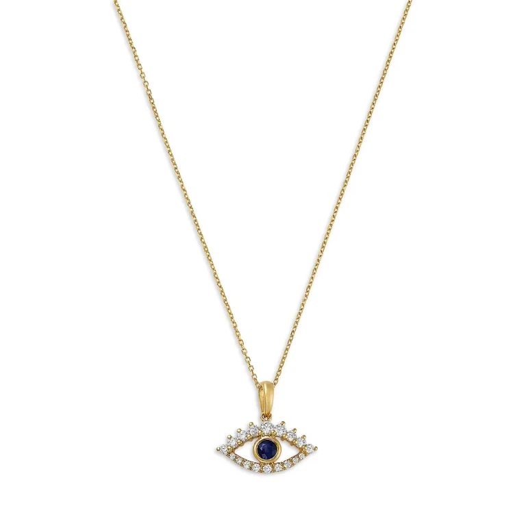 Blue Sapphire & Diamond Evil Eye Pendant Necklace in 14K Yellow Gold, 16-18