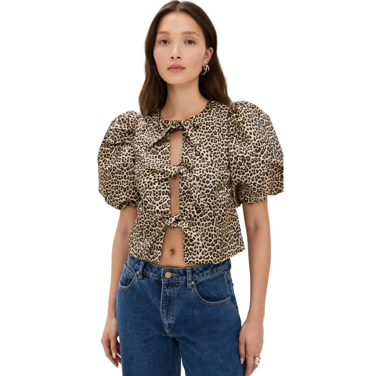 English Factory Bow Detailed Puff Sleeve Top Brown S