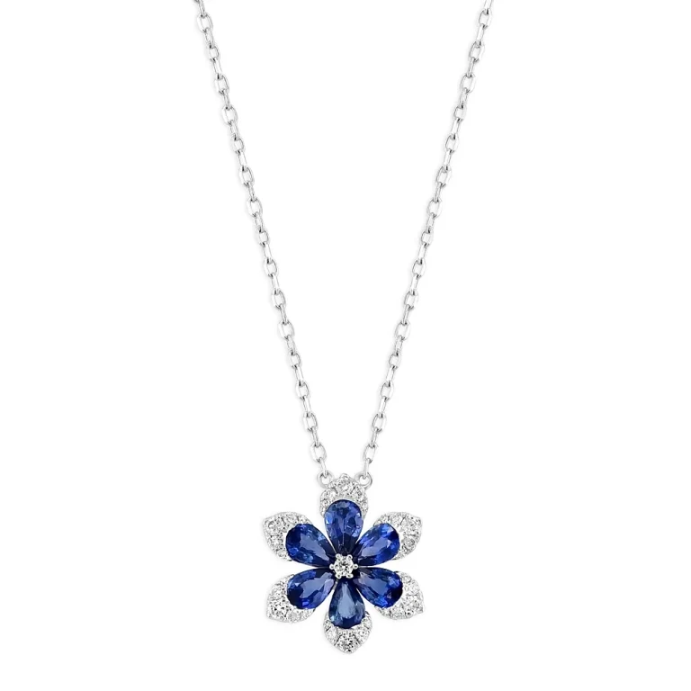Blue Sapphire & Diamond Flower Pendant Necklace in 14K White Gold, 18
