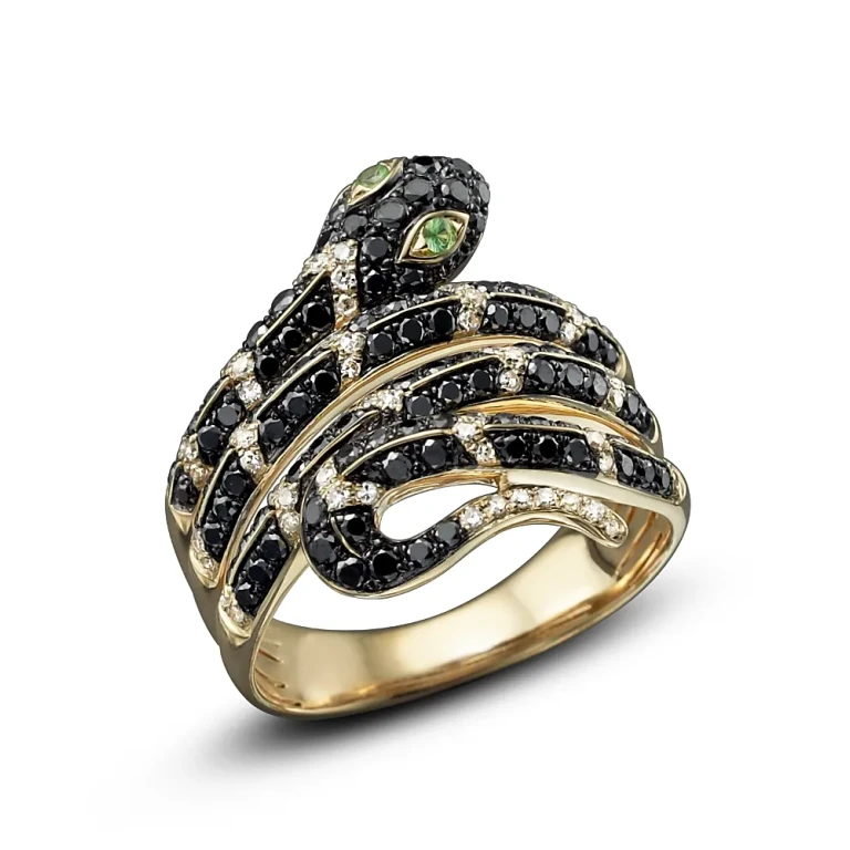 Black and White Diamond Snake Ring with Tsavorite in 14K Yellow Gold