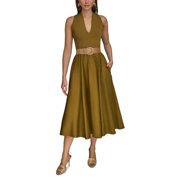 Donna Karan Sateen A Line Belted Midi Dress