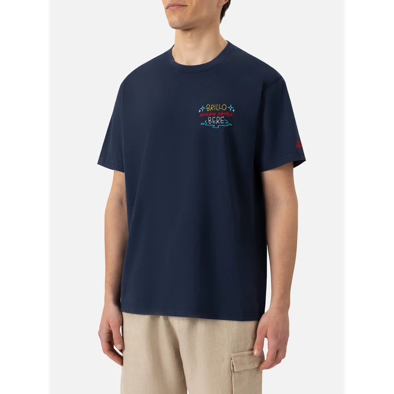 Mc2 Saint Barth Classic Fit Cotton Jersey T-Shirt Portofino With Brillo Senza Bere Embroidery Insulti Luminosi Special Edition Blue - Men
