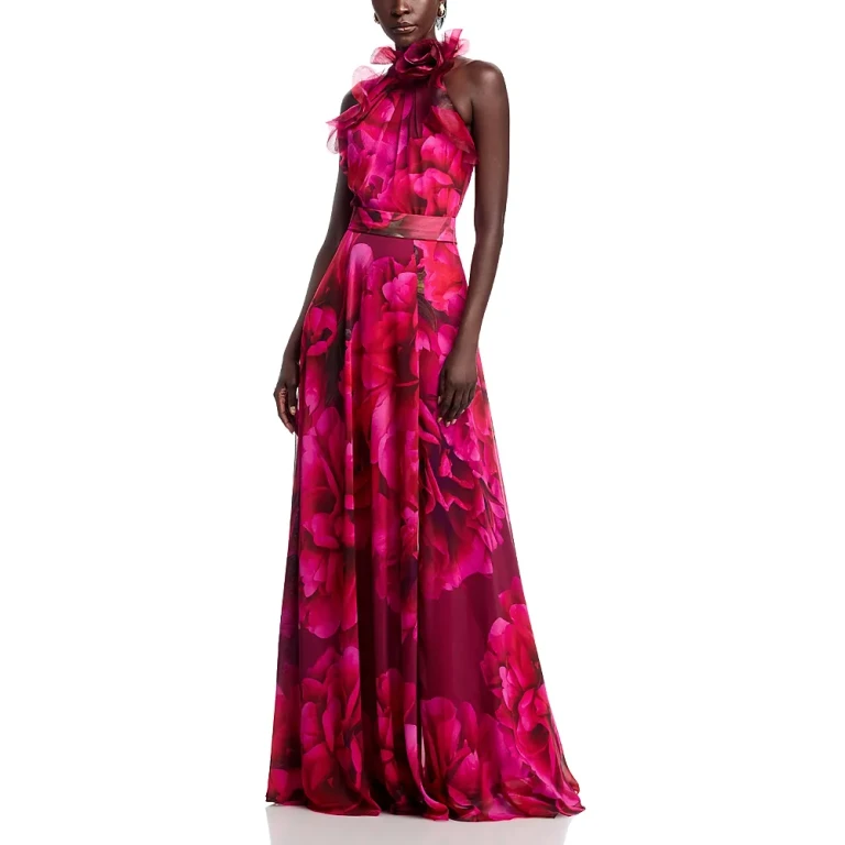 Teri Jon by Rickie Freeman Floral Organza Halter Gown