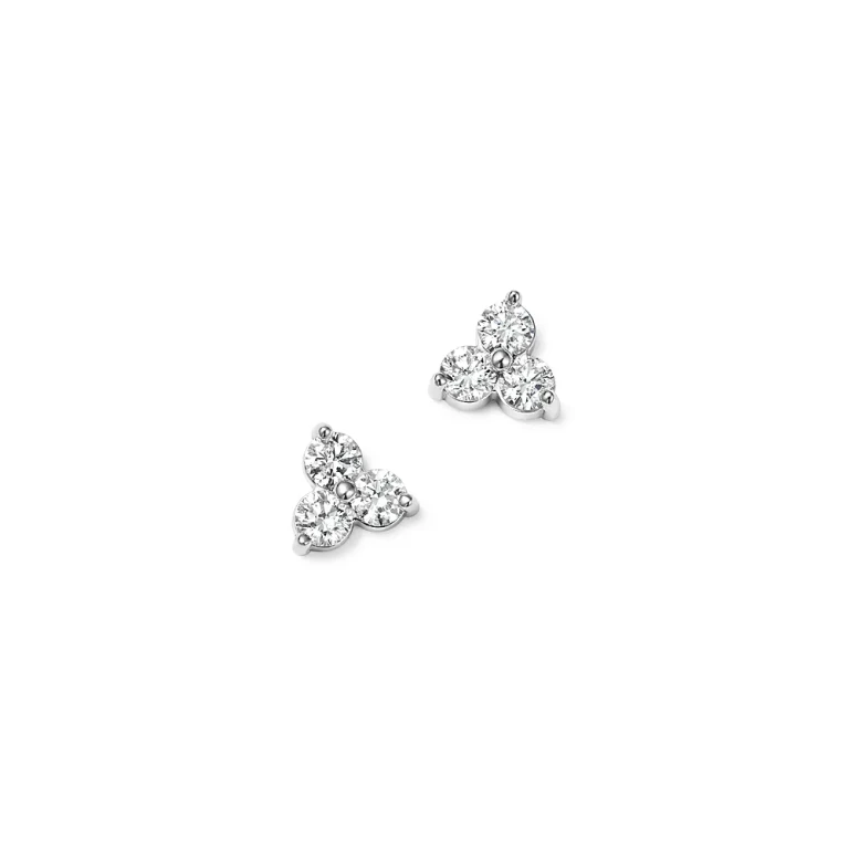 Diamond Three Stone Stud Earrings in 14K White Gold, 0.38 tcw